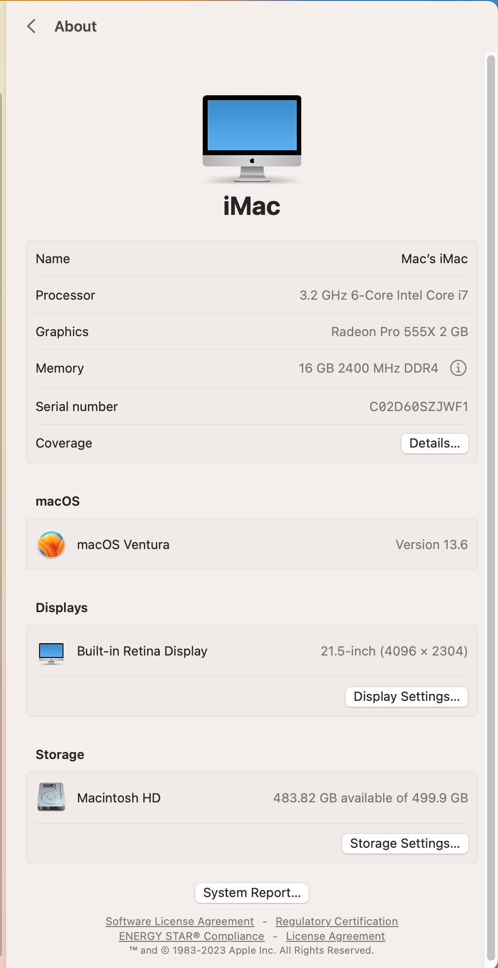 Apple 2019 iMac 21" 3.2GHz 6-Core i7 16GB RAM 512GB SSD RP555X 2GB - Very Good