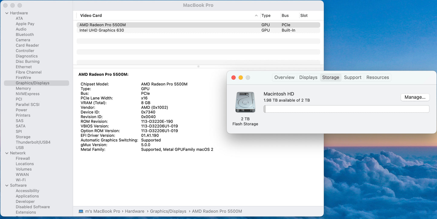 Apple 2019 16 in MacBook Pro TB 2.4GHz 8-Core i9 64GB RAM 2TB SSD RP5500M 8GB